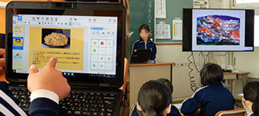 生徒と先生が2in1タブレットとプロジェクターを使用している写真
