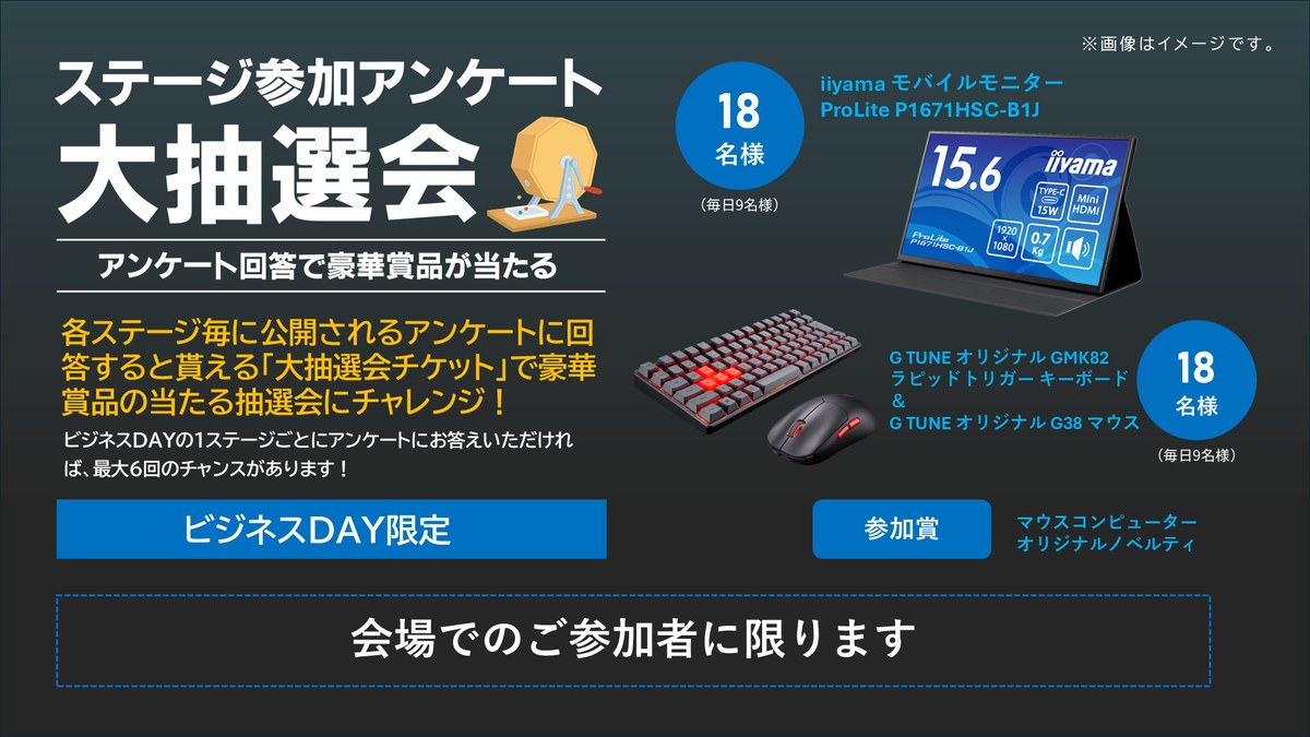 ステージ参加アンケート 大抽選会 ビジネスDAY限定 アンケート回答で豪華賞品が当たる 会場でのご参加者に限ります