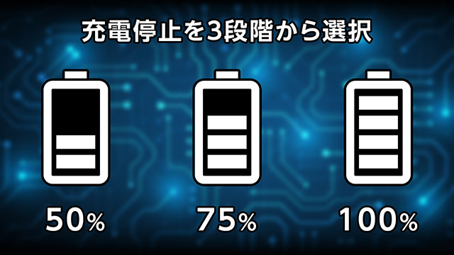 充電停止を3段階から選択