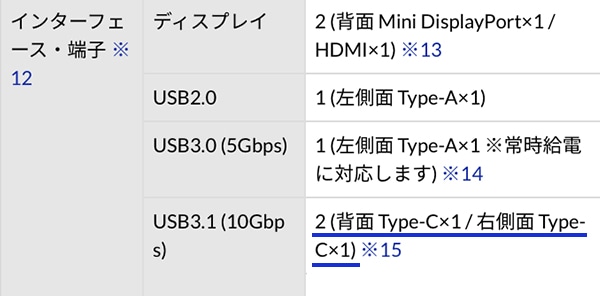 USB Power Delivery非対応の仕様詳細例