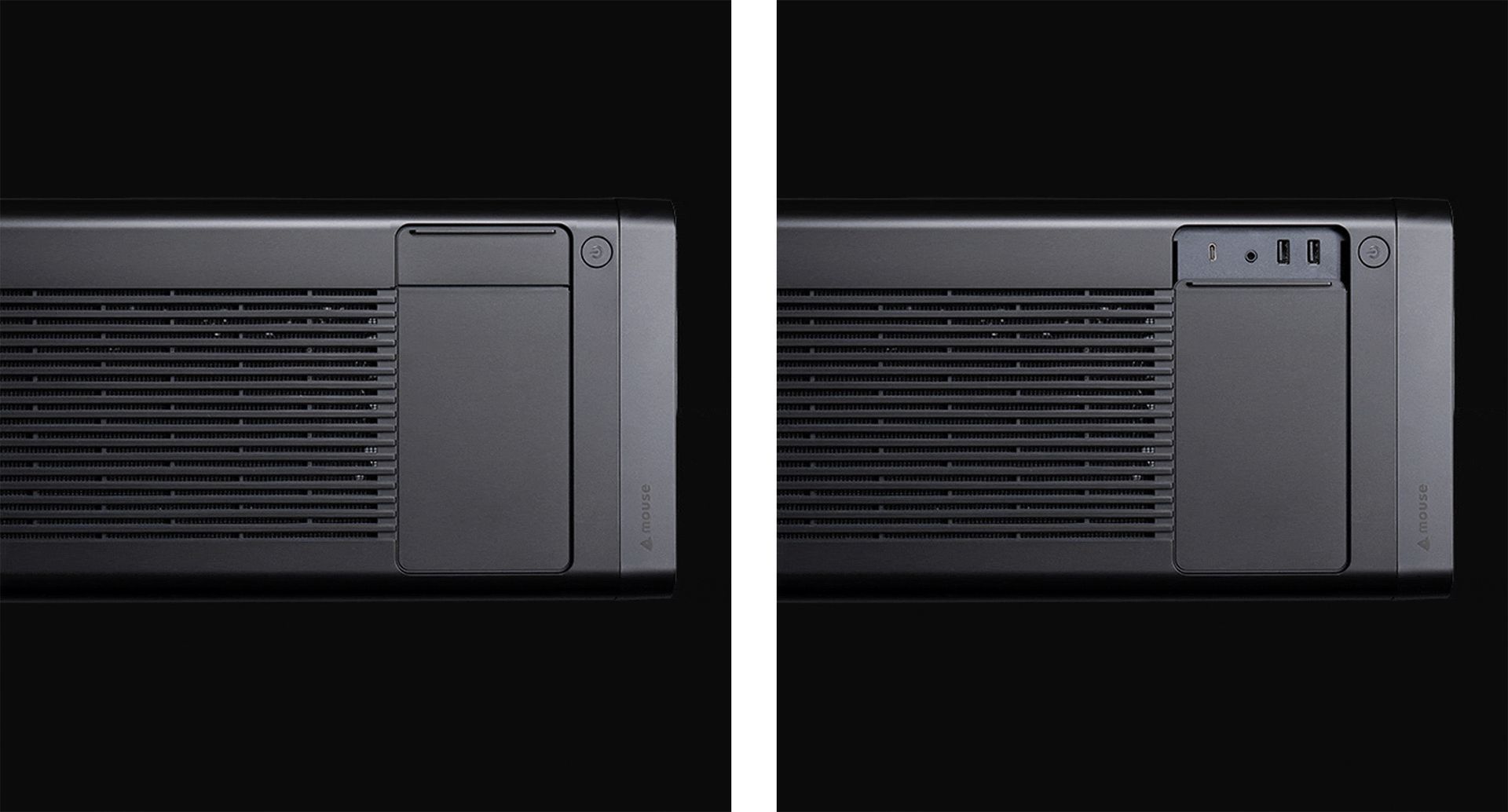 DAIV KM-I7G70は、本体上部に電源ボタンやUSB端子等のインターフェースが配置されている。カバーがあり埃が入り込みにくい設計で編集ブース内に設置するPCとしても向いているのではと、菅野さん 