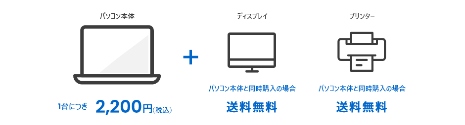 パソコン本体は、1台につきプラス税込2200円、代引はプラス税込2200円。ディスプレイは、パソコン本体と同時購入の場合、1台につきプラス0円、代引はプラス税込2200円。プリンターは、パソコン本体と同時購入の場合、1台につきプラス0円、代引はプラス税込2200円。