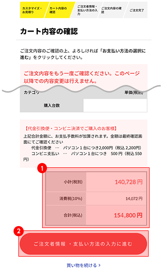 カート内容の確認画面のスクリーンショット