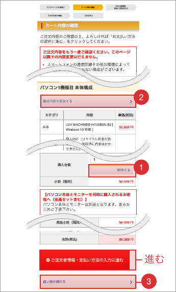 カート内容の確認画面のスクリーンショット