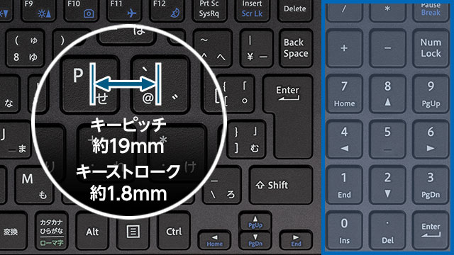 約19mmのキーピッチ 約1.8mmのキーストローク