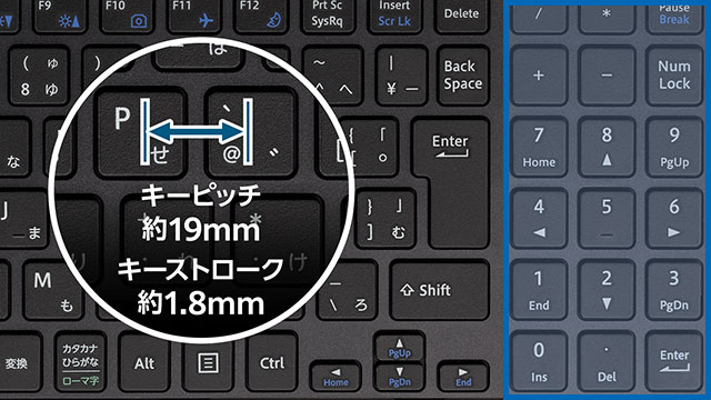 約19mmのキーピッチ 約1.8mmのキーストローク