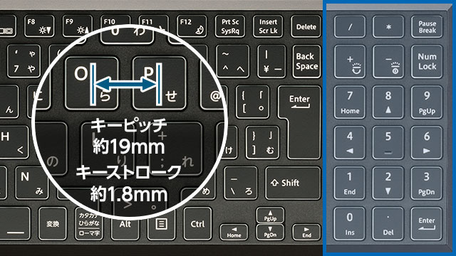 キーピッチ約19mm キーストローク約1.8mm