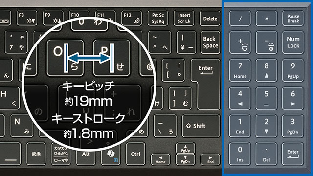 キーピッチ約19mm キーストローク約1.8mm